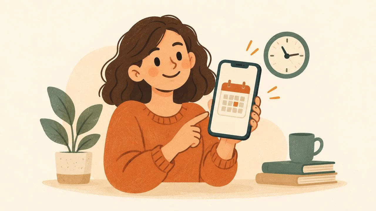 A creator checks a Story publishing time on a phone beside a simple calendar and clock illustration