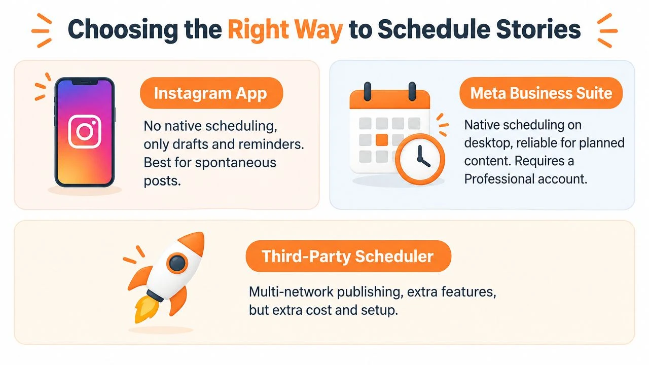 Visual comparison of the Instagram app, Meta Business Suite, and a third-party scheduler for Stories