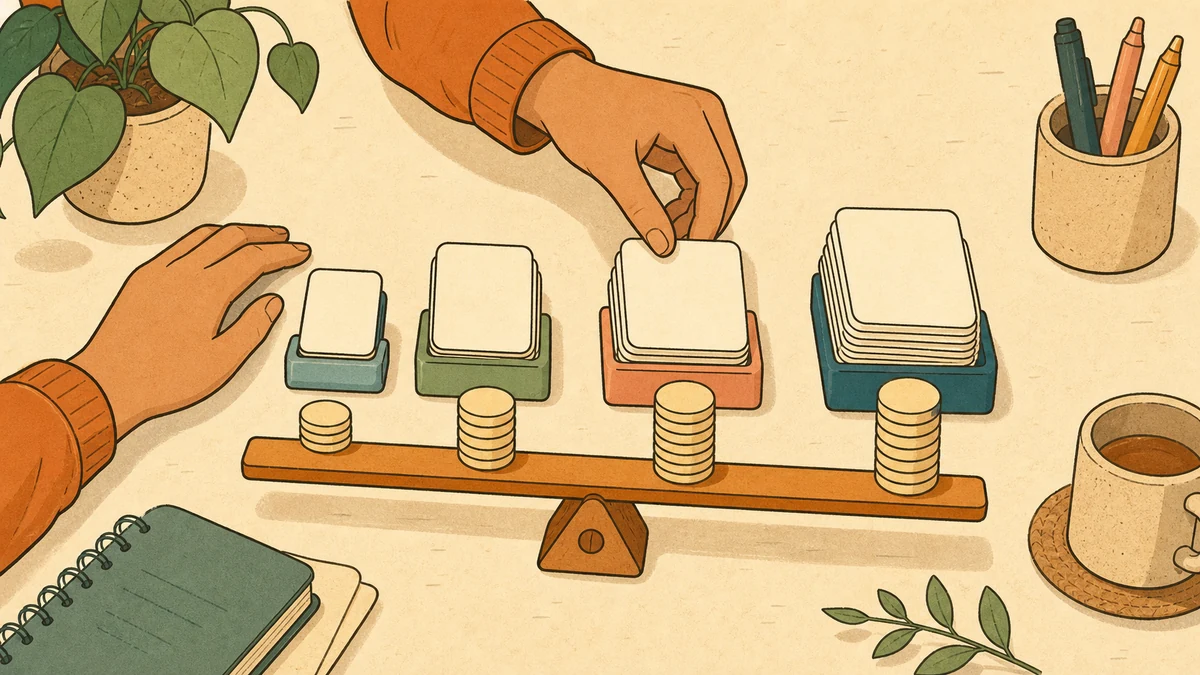 A publisher compares four blank account bundles with growing card stacks, coin stacks, and a simple balance beam on a warm desk