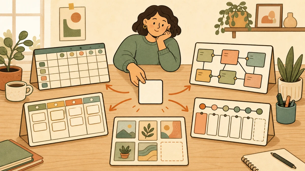 A creator compares five blank content planning containers around one central idea card