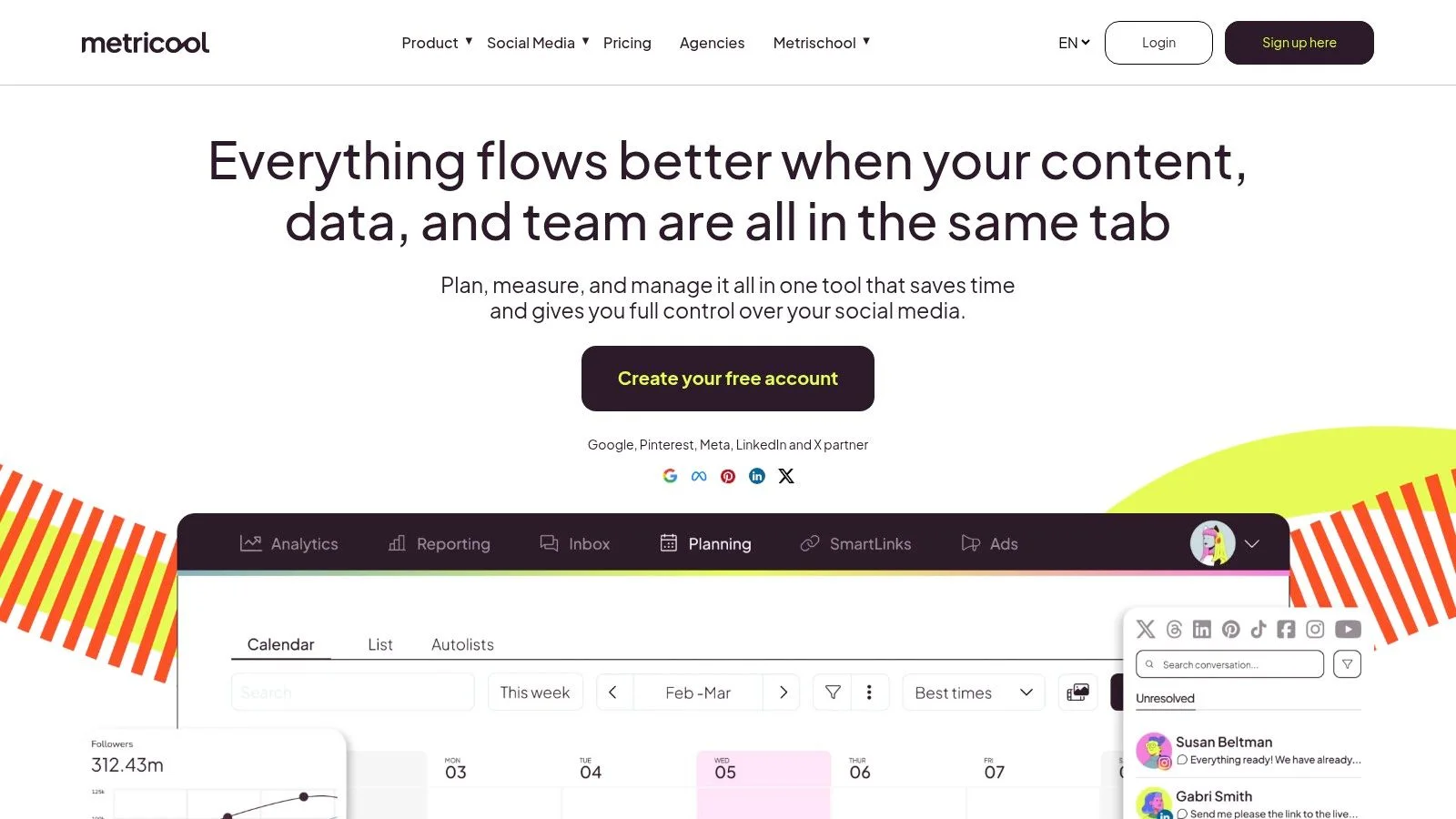 Metricool dashboard for cross-network scheduling, analytics, and reporting