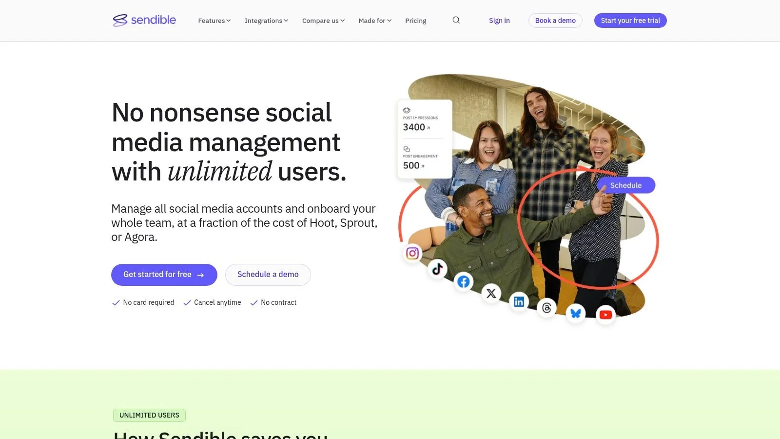 Sendible marketing team workspace for client reporting and multi-profile publishing