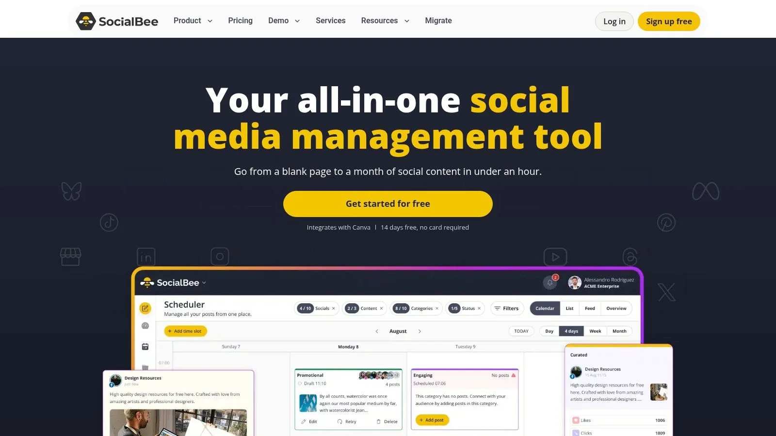 SocialBee dashboard for category-based queues and evergreen content scheduling