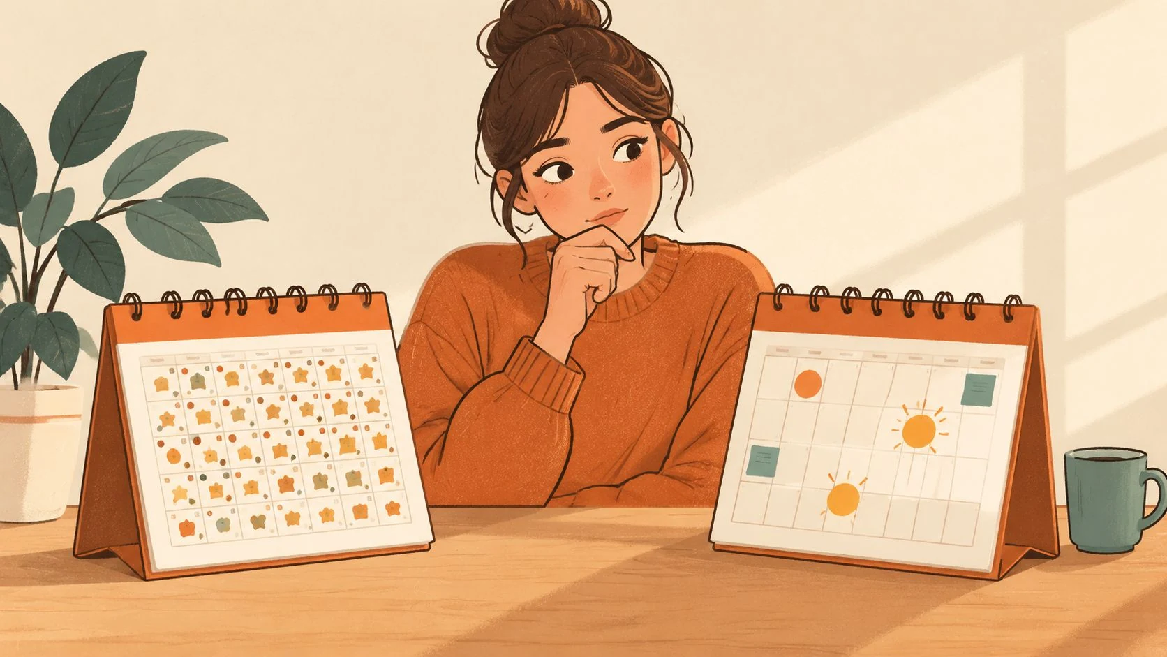 A girl sitting at a desk with two calendars, planning her social media posting schedule effectively