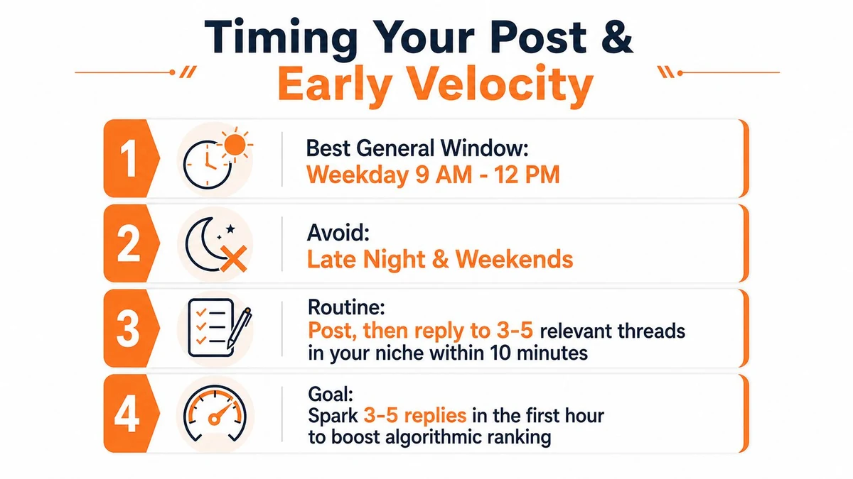 A numbered infographic providing tips on social media timing, routine, and strategies to increase engagement.