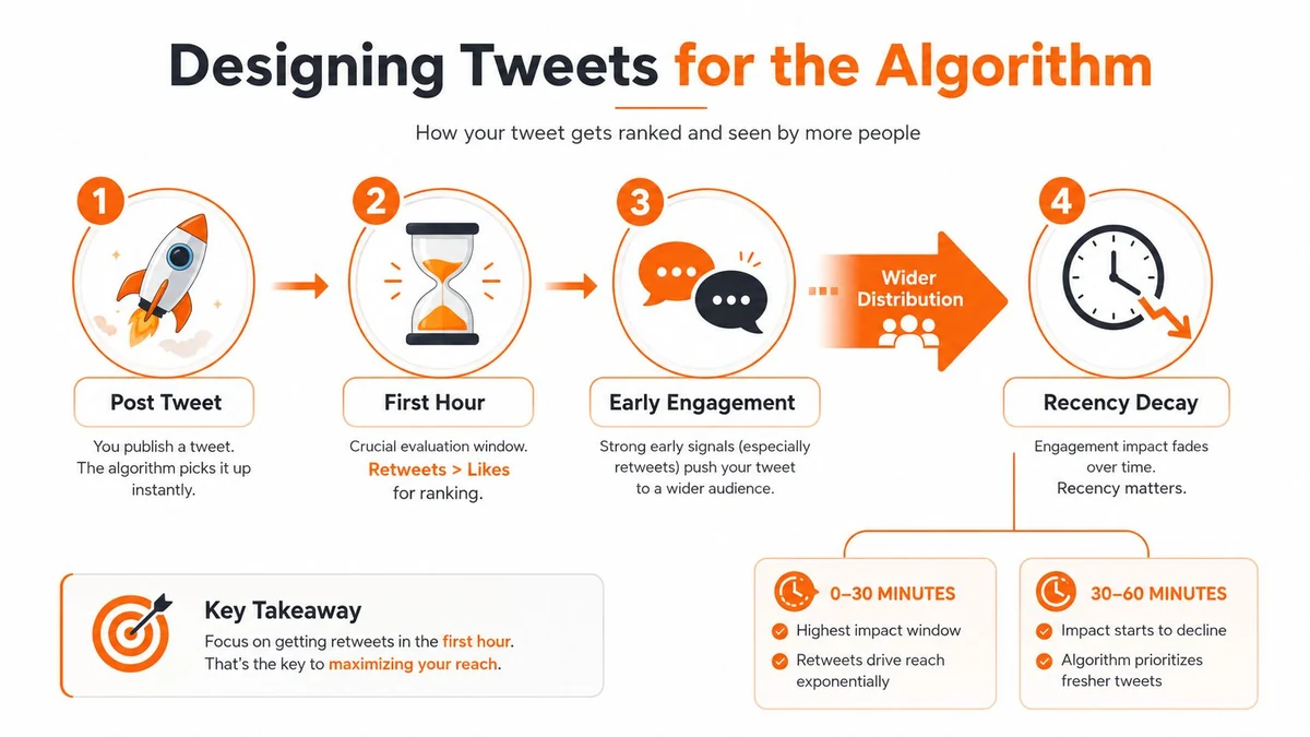 An infographic explaining how the Twitter algorithm ranks and distributes tweets to reach a wider audience.