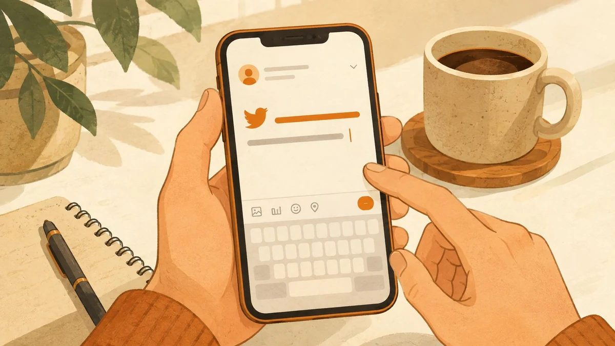 A pair of hands typing a new tweet on a smartphone screen beside a coffee mug.