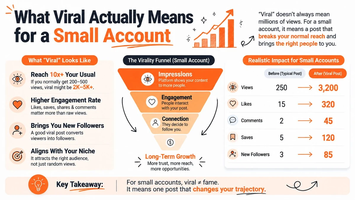 An infographic titled What Viral Actually Means for a Small Account, explaining virality metrics and impact.