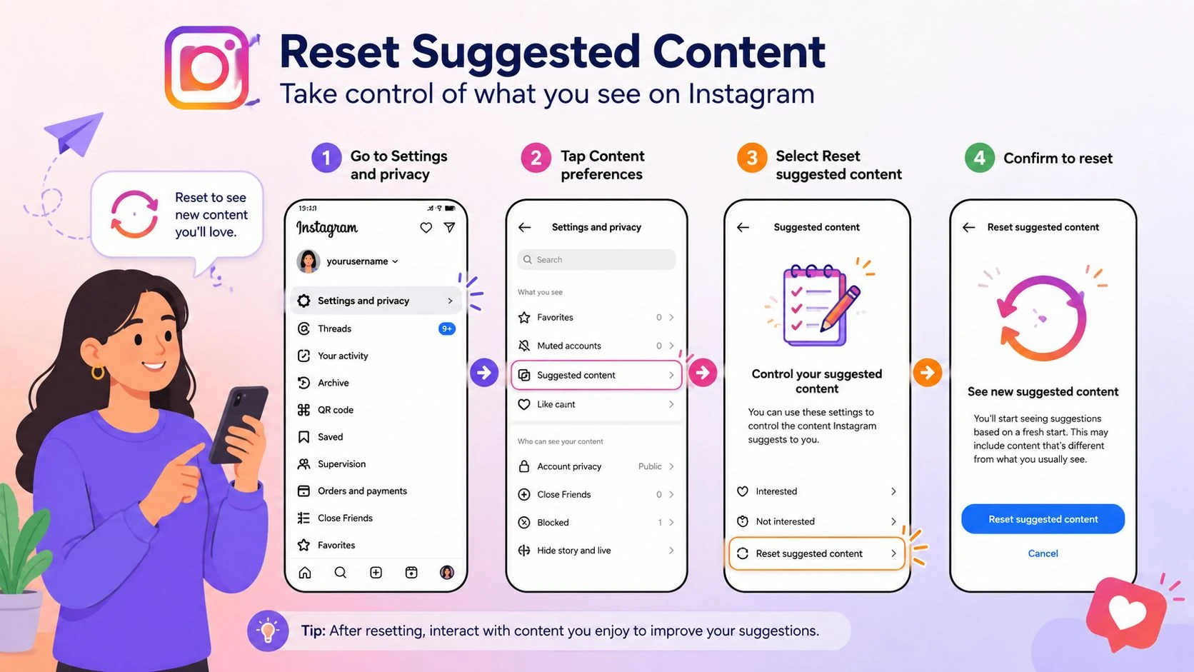 Instagram settings screen showing the Reset suggested content control