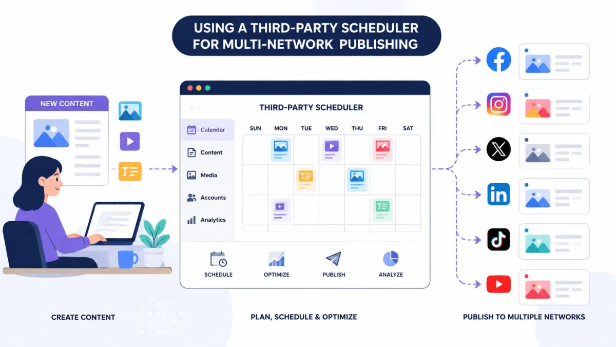 Illustrated third-party scheduler calendar routing one source post to Facebook, Instagram, X, LinkedIn, TikTok, and YouTube