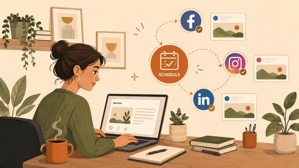 Illustrated creator scheduling one post to Facebook, Instagram, and LinkedIn from a content calendar