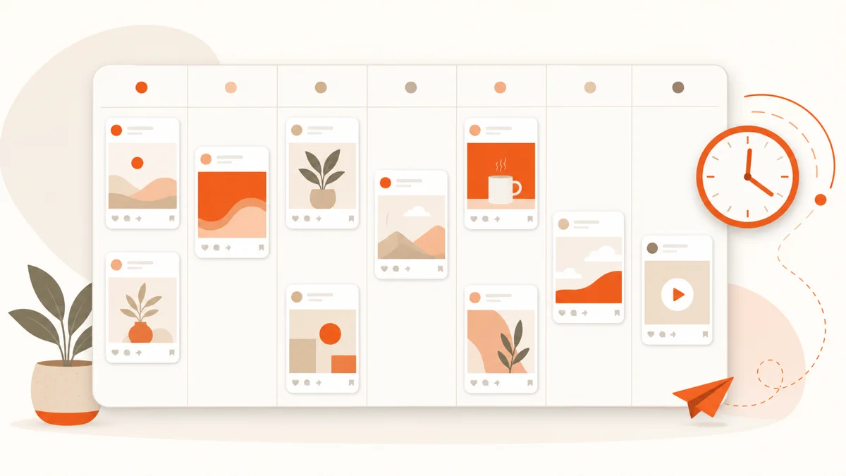 A content calendar with queued Facebook posts and a scheduling clock motif
