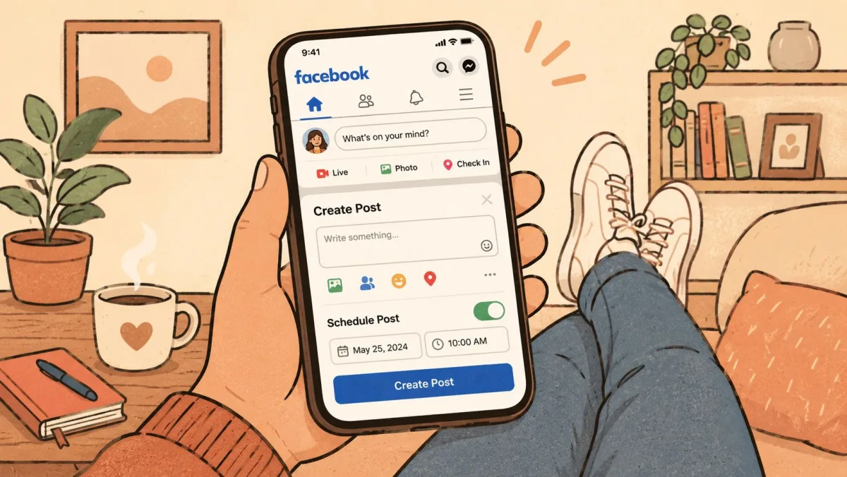 Illustrated Facebook mobile composer showing a scheduled post date and time