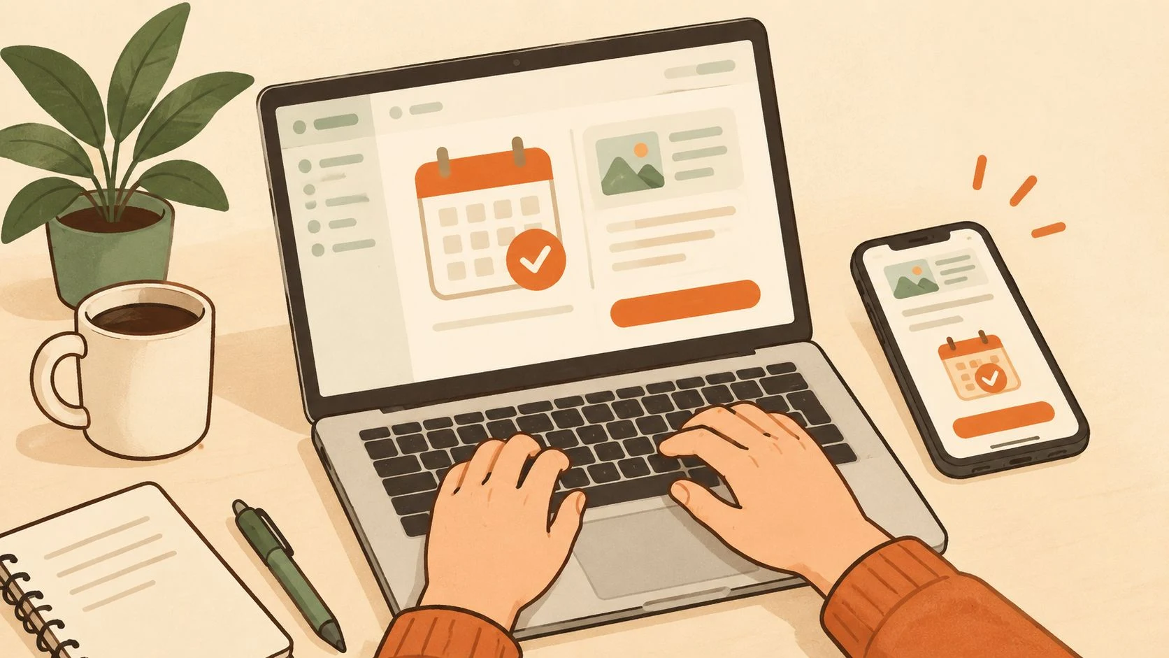 A person using a laptop to schedule content, with a calendar icon and phone showing mobile updates.