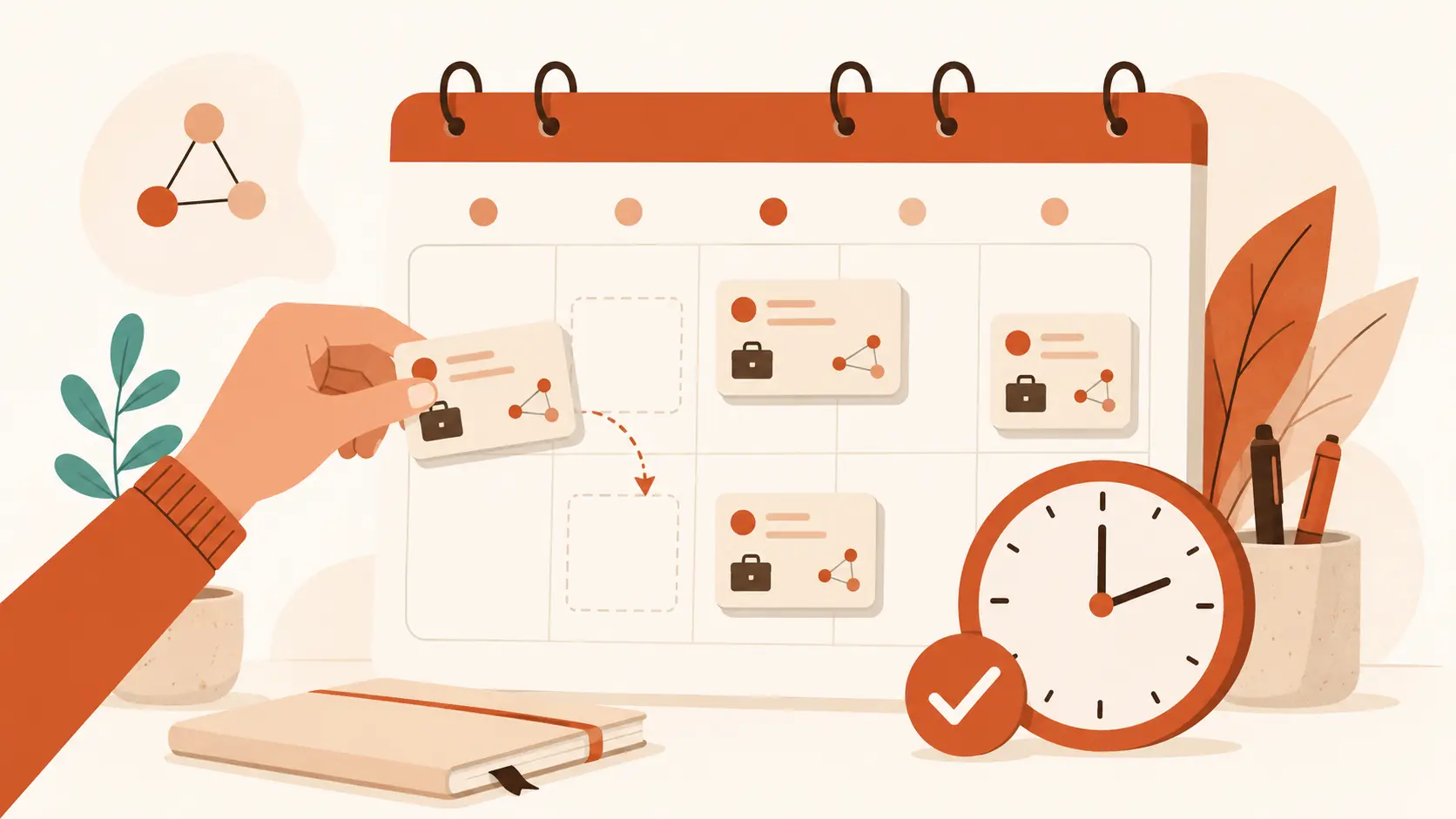 A content calendar queueing LinkedIn-style post cards onto weekday slots with a scheduling clock motif