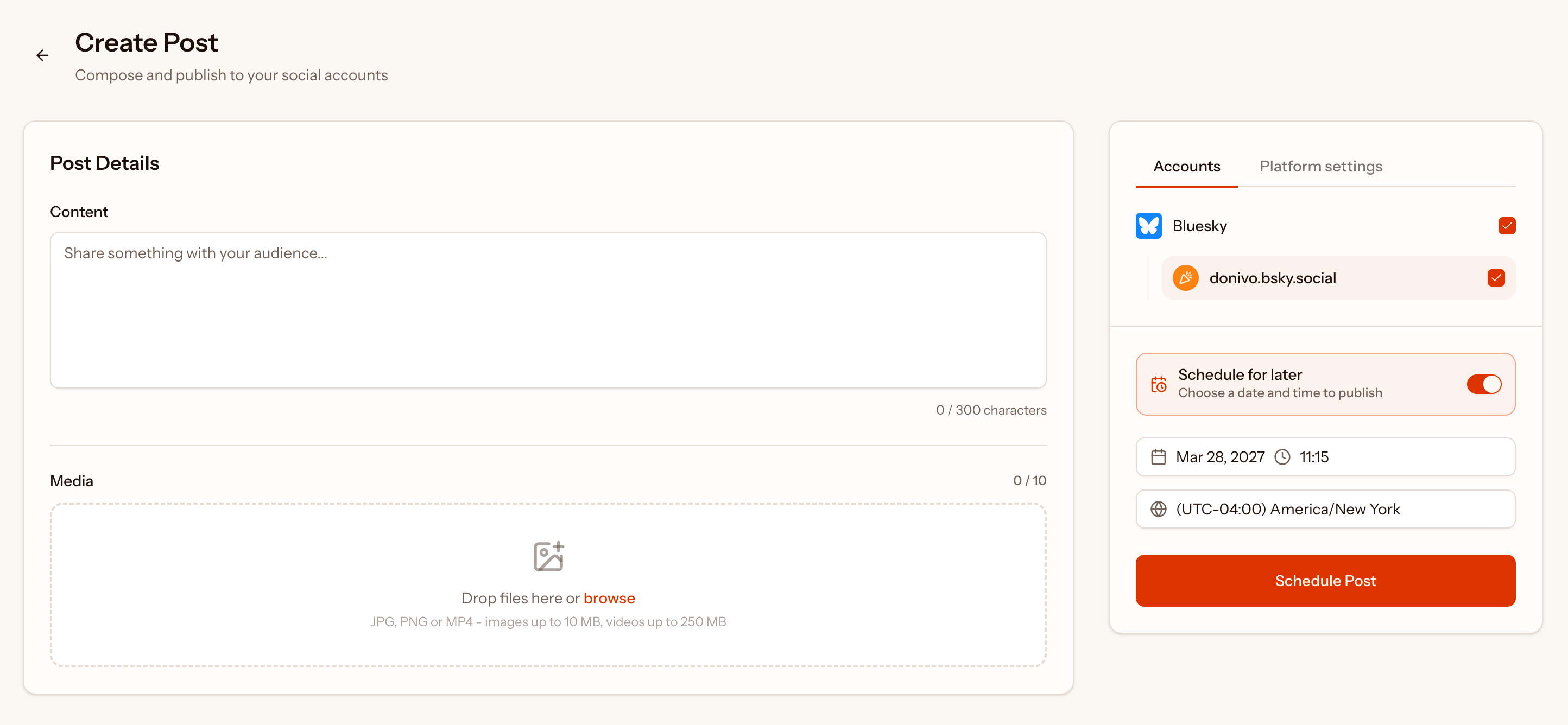 Donivo create-post screen with a connected account, post composer, media area, schedule toggle, date, time, timezone, and schedule button