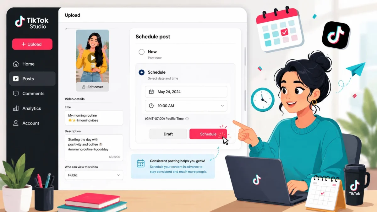 TikTok Studio upload workflow showing a video post with a Schedule control and date and time settings