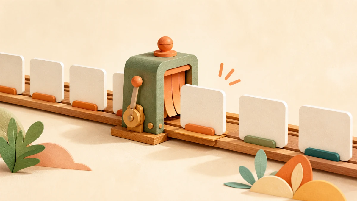 Blank short-message cards moving through a mechanical timing gate into an orderly publishing queue