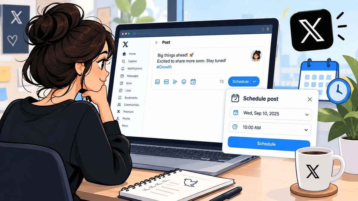 An anime style woman scheduling a post on the X social media platform using a laptop computer.