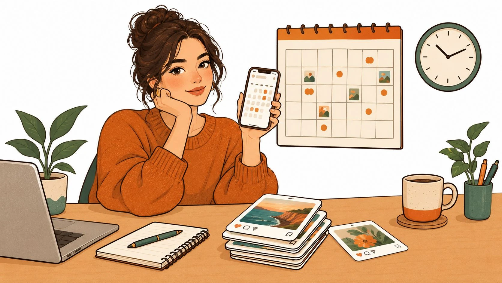 A young woman smiling while planning social media content with a calendar, smartphone, and laptop on her desk.