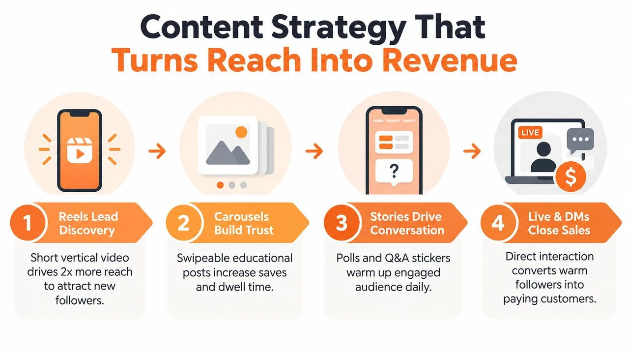 A four-step infographic illustrating a content strategy to convert social media reach into business revenue.