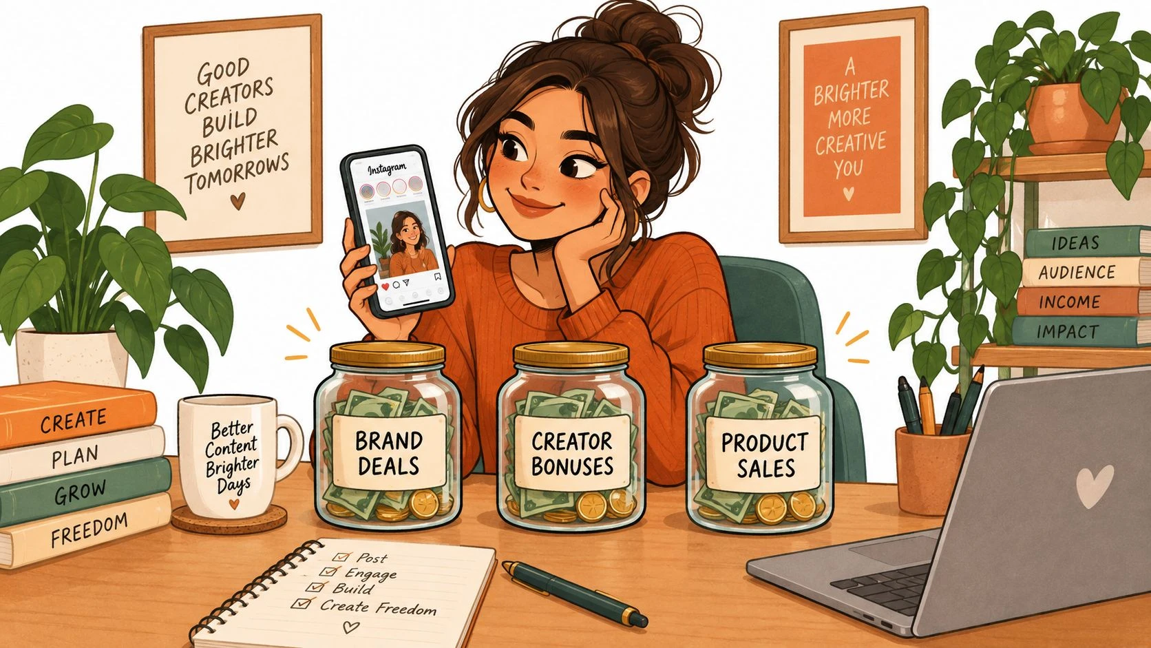 An illustrated digital creator smiling while holding a phone and managing multiple income streams including brand deals.