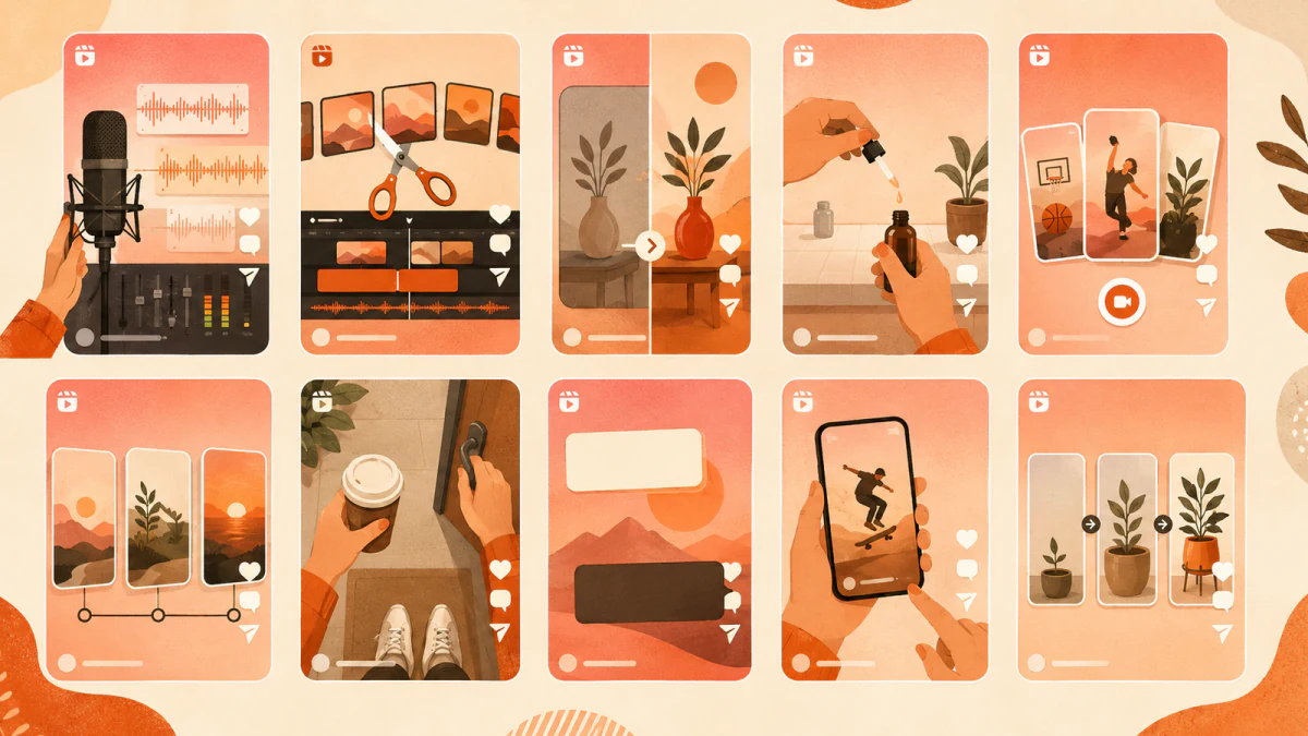 An orange-and-cream editorial illustration arranging ten Instagram Reels format cards around a repeatable publishing workflow.