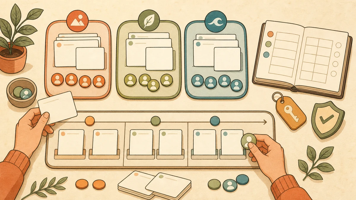 Three color-coded brand workspaces feeding correctly grouped post cards into one organized publishing queue
