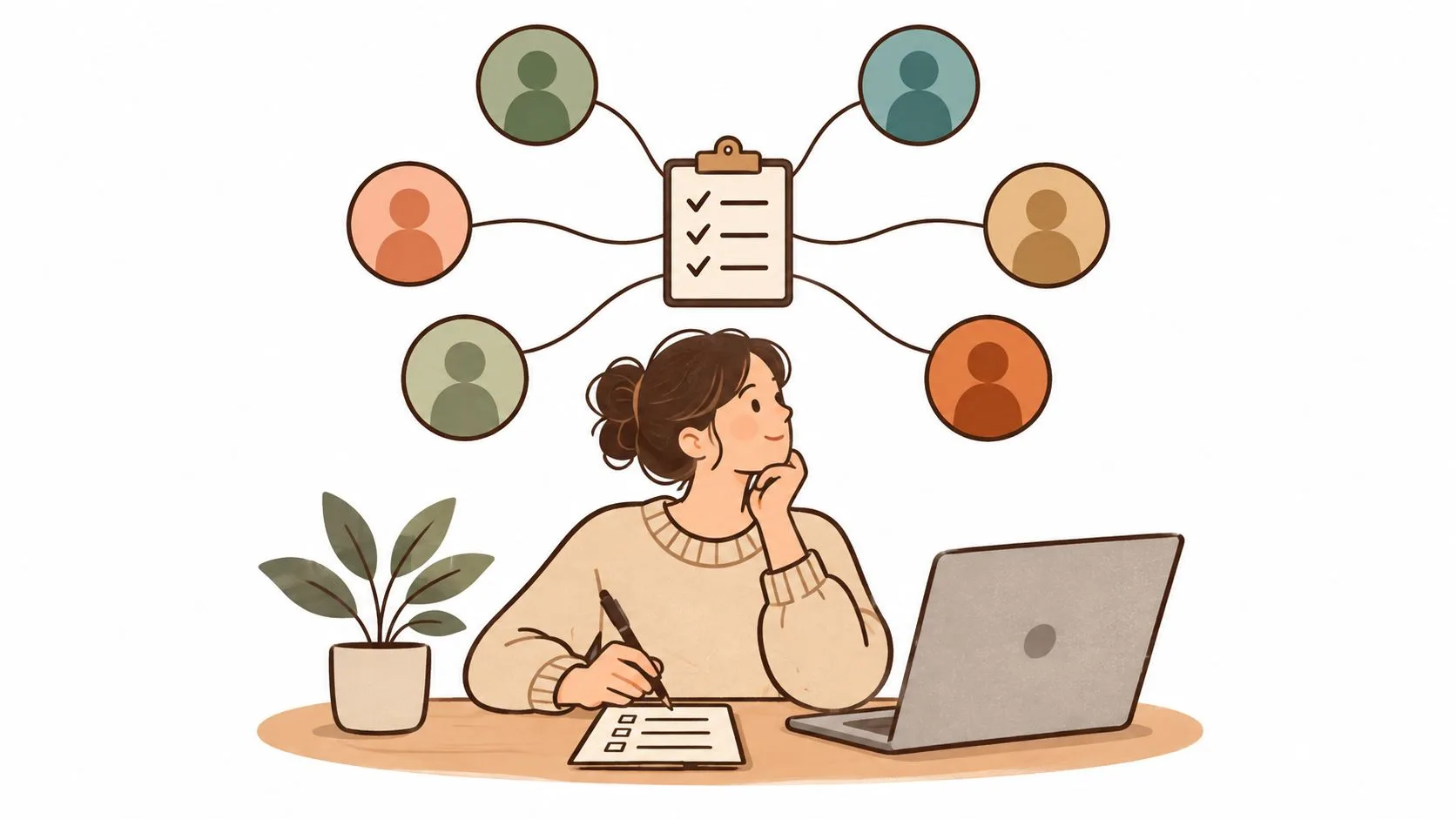A woman at her desk planning tasks involving multiple people connected to a central checklist icon.