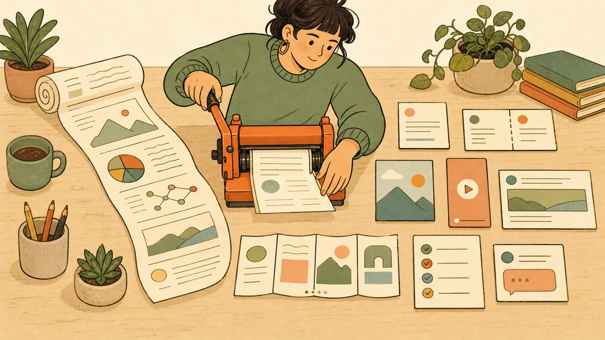 A creator feeds one long source document through a hand-operated tool and arranges the varied text, image, video, carousel, checklist, and discussion pieces it produces