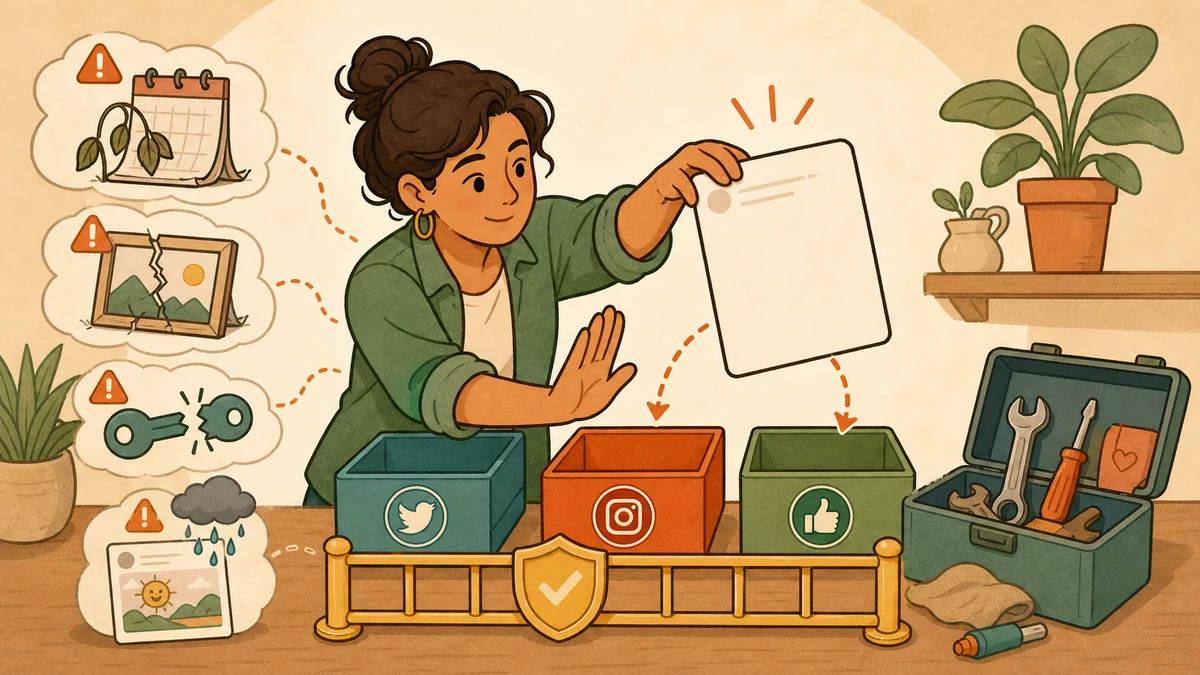 A publisher stops a blank post card from entering the wrong account tray while reviewing stale content, broken media, disconnected access, and missed-context warnings