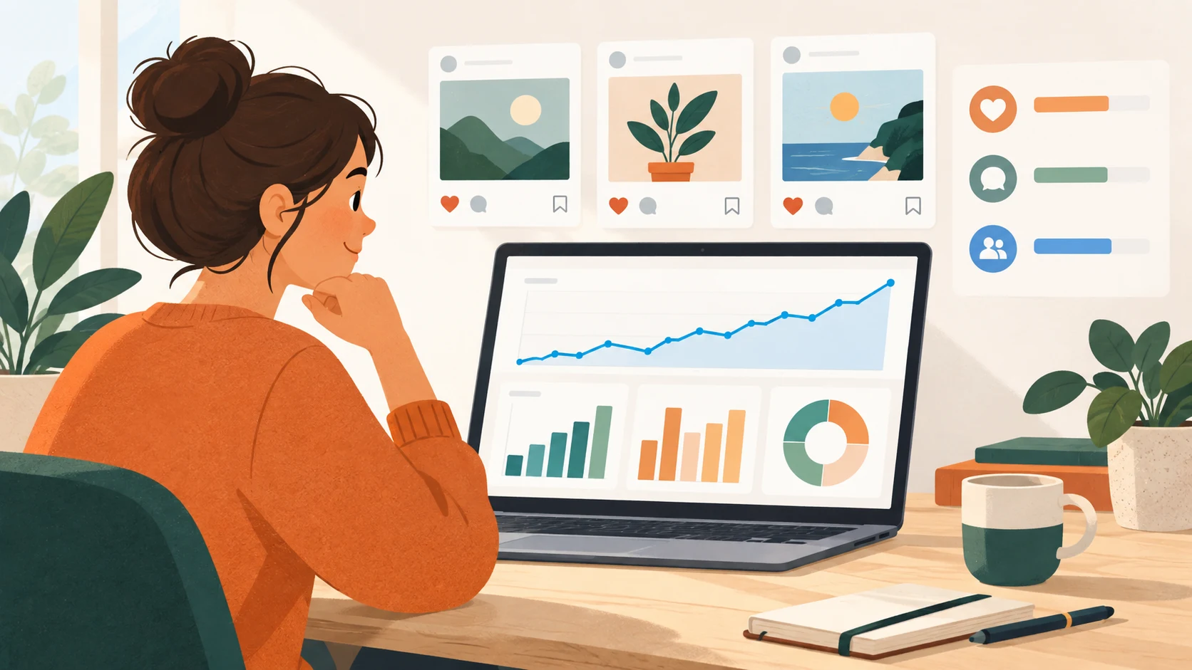 A social media analytics dashboard showing engagement metrics, growth trends, and bar charts for key performance indicators.