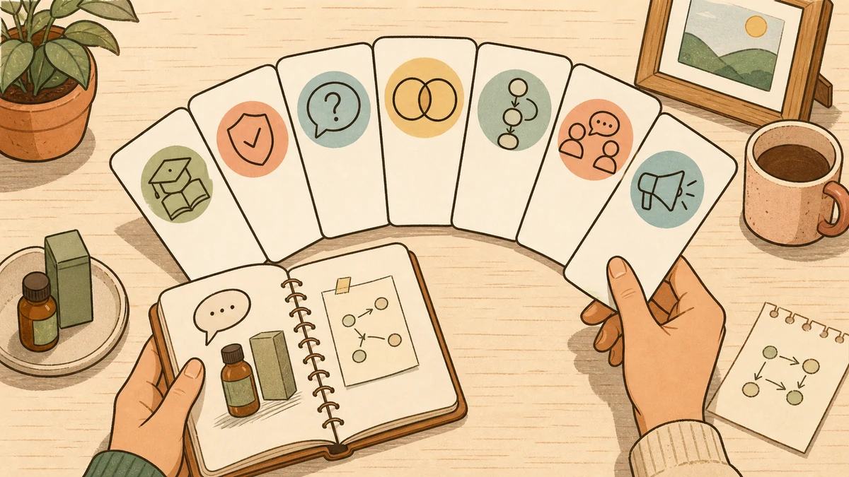 A creator turns a notebook of real source material into a fan of blank social media post cards marked by different purposes