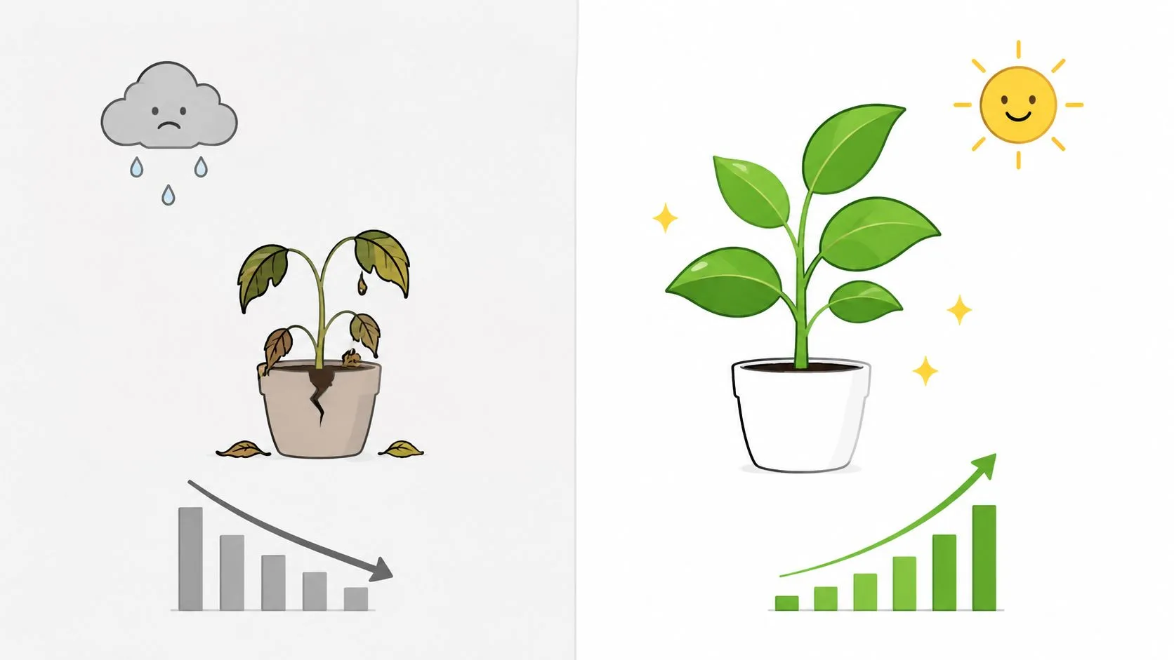 A split illustration of a struggling plant and a healthy plant, showing how a clear question can lead to practical growth