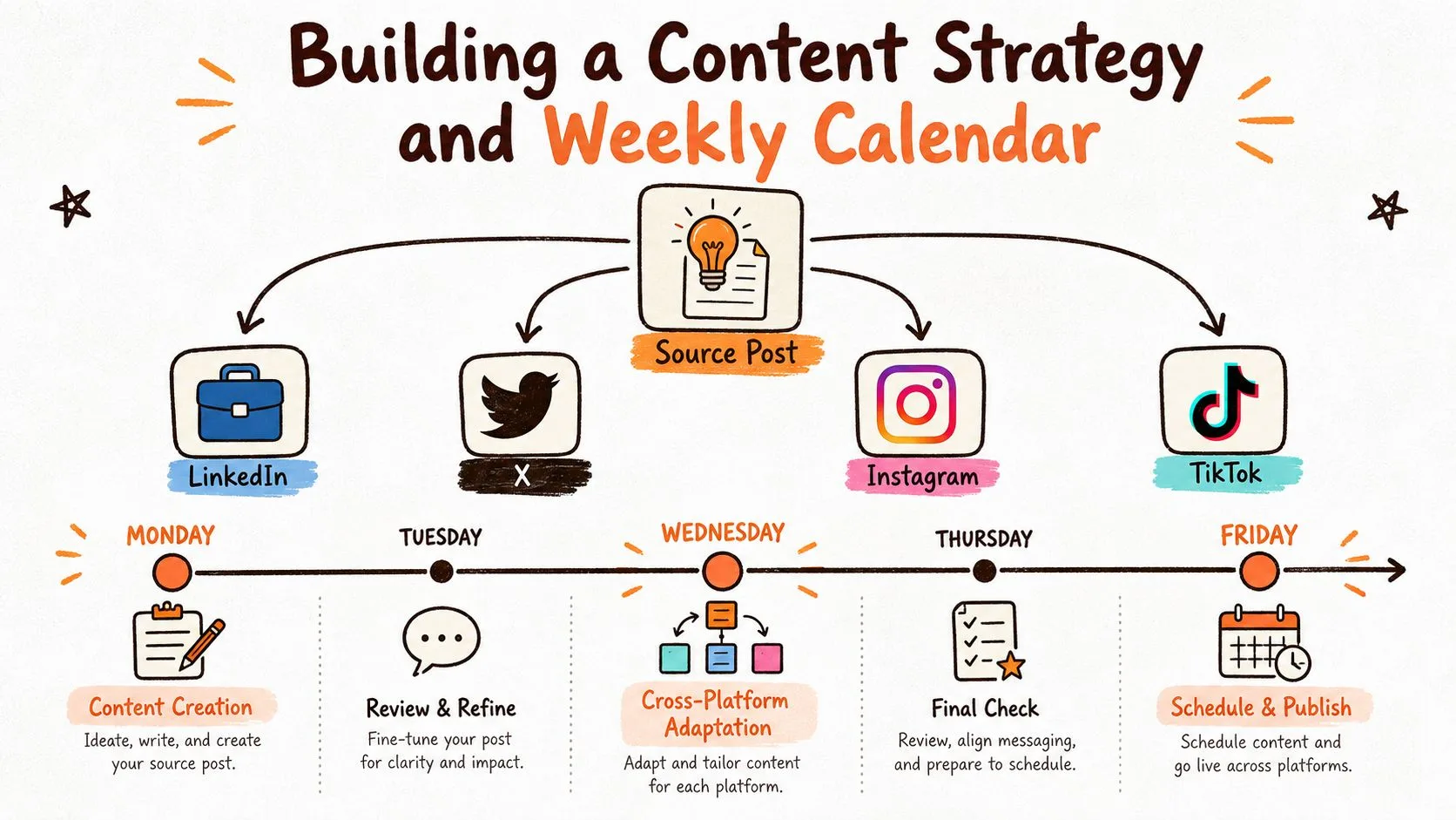 A visual flow chart explaining a content strategy and weekly schedule for social media management