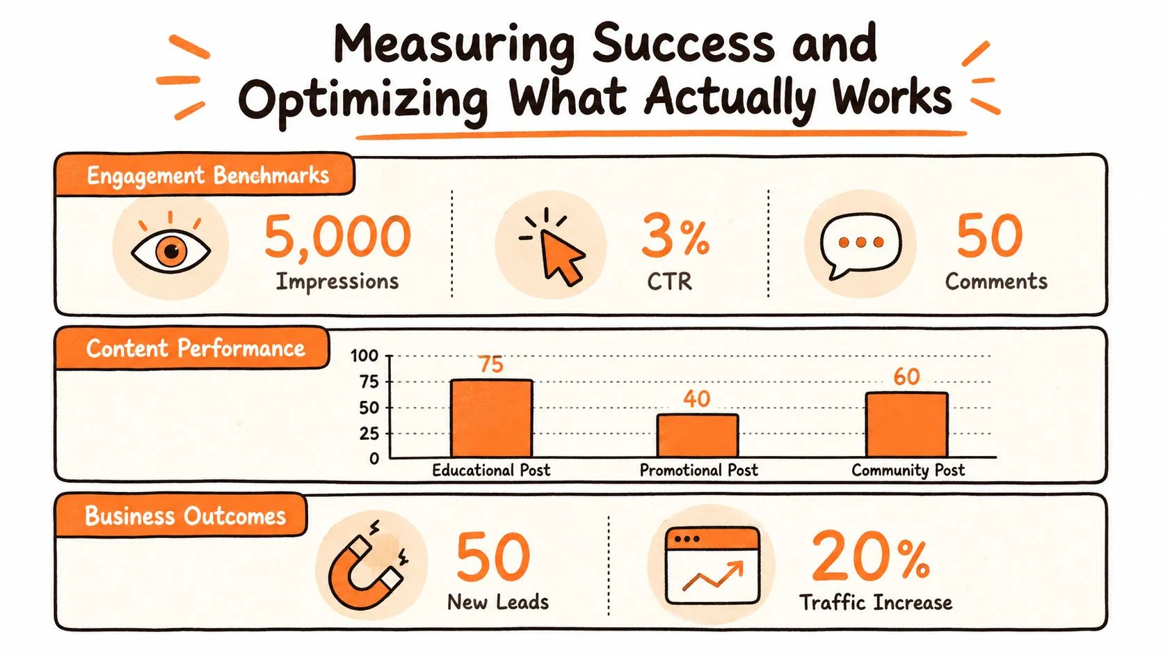 An infographic titled Measuring Success and Optimizing What Actually Works showing key social media engagement metrics