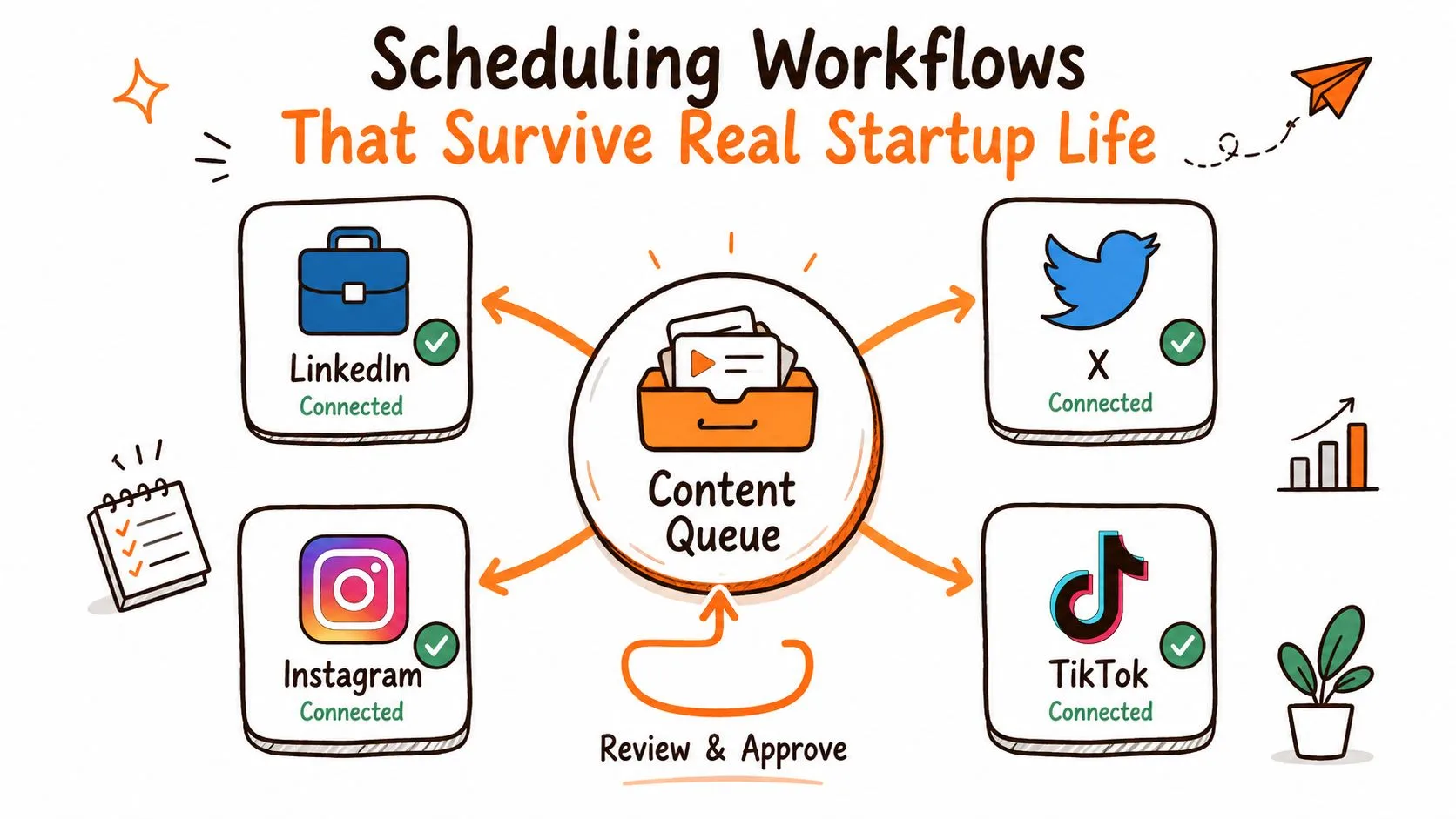 A diagram illustrating social media scheduling workflows with LinkedIn, X, Instagram, and TikTok connected to a shared content queue