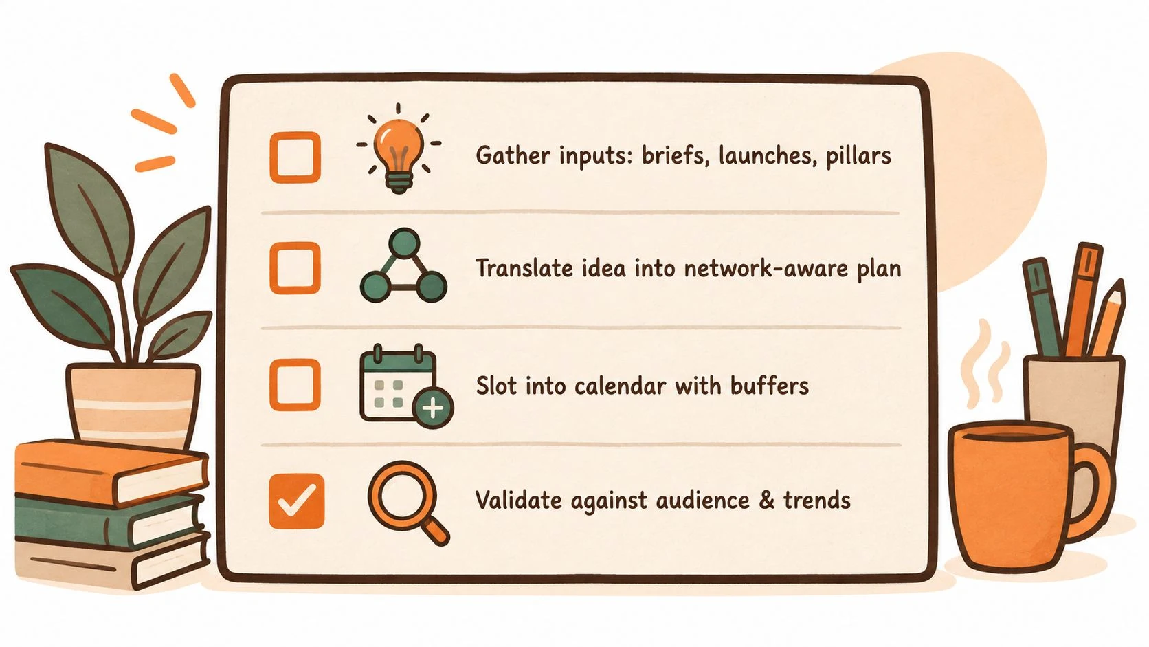 Checklist illustration for gathering inputs, adapting an idea to networks, adding calendar buffers, and validating the plan