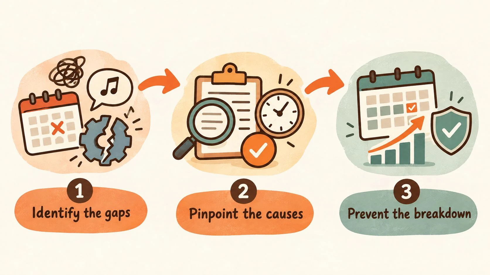Three-step illustration showing a workflow that identifies gaps, pinpoints causes, and prevents breakdowns