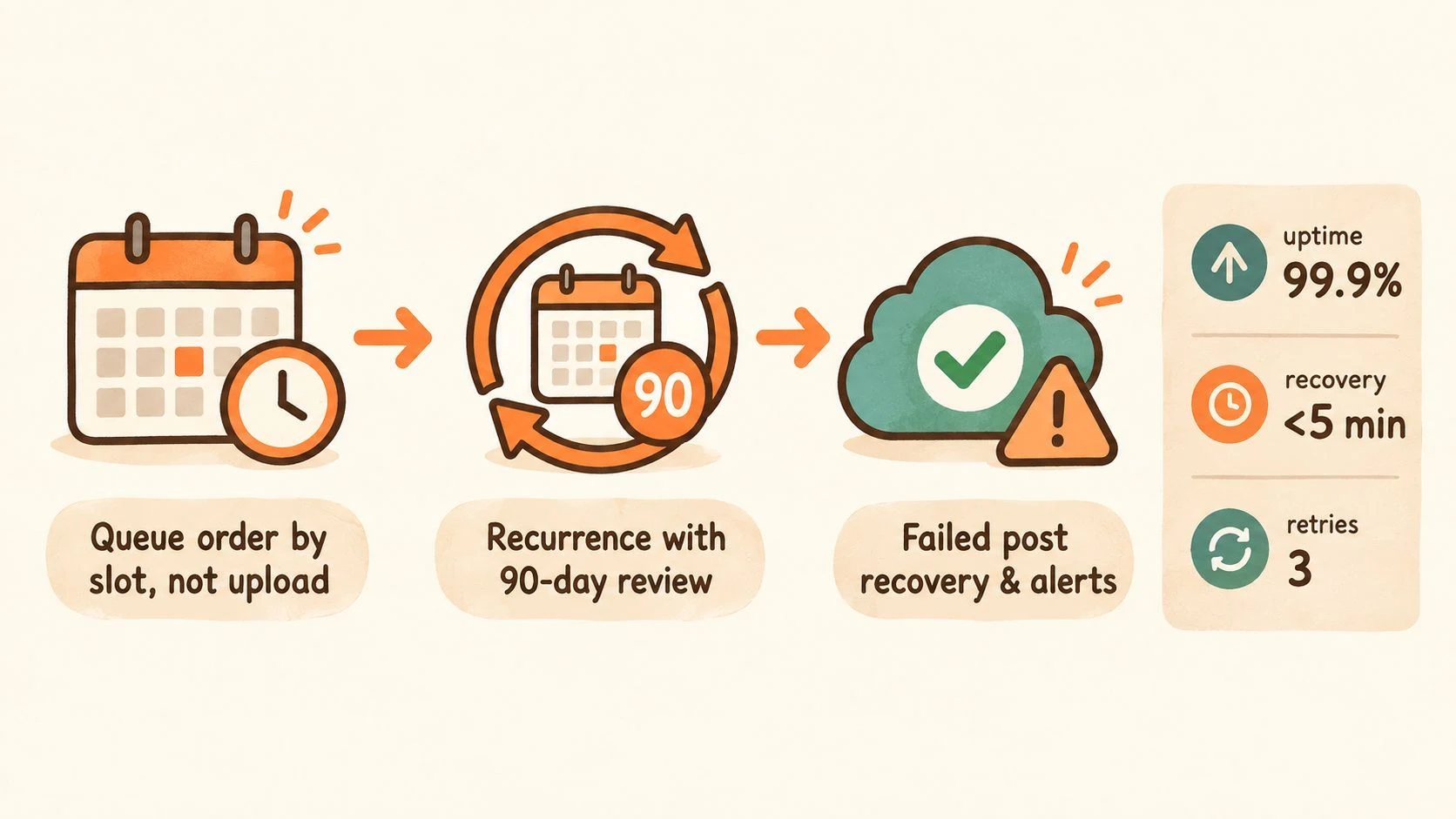 Illustration of queue order, recurring review, failed-post recovery, and publishing alerts
