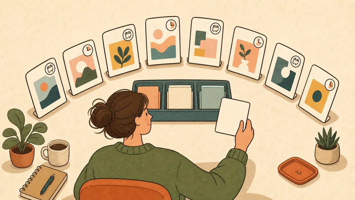 A publisher compares eight unlabeled platform cards with scheduling controls before choosing a shared publishing workflow