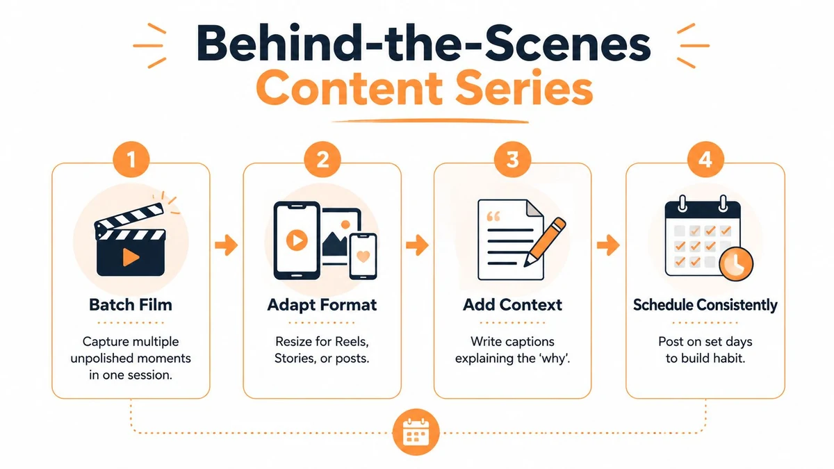 A four-step infographic illustrating a process for creating a behind-the-scenes social media content series