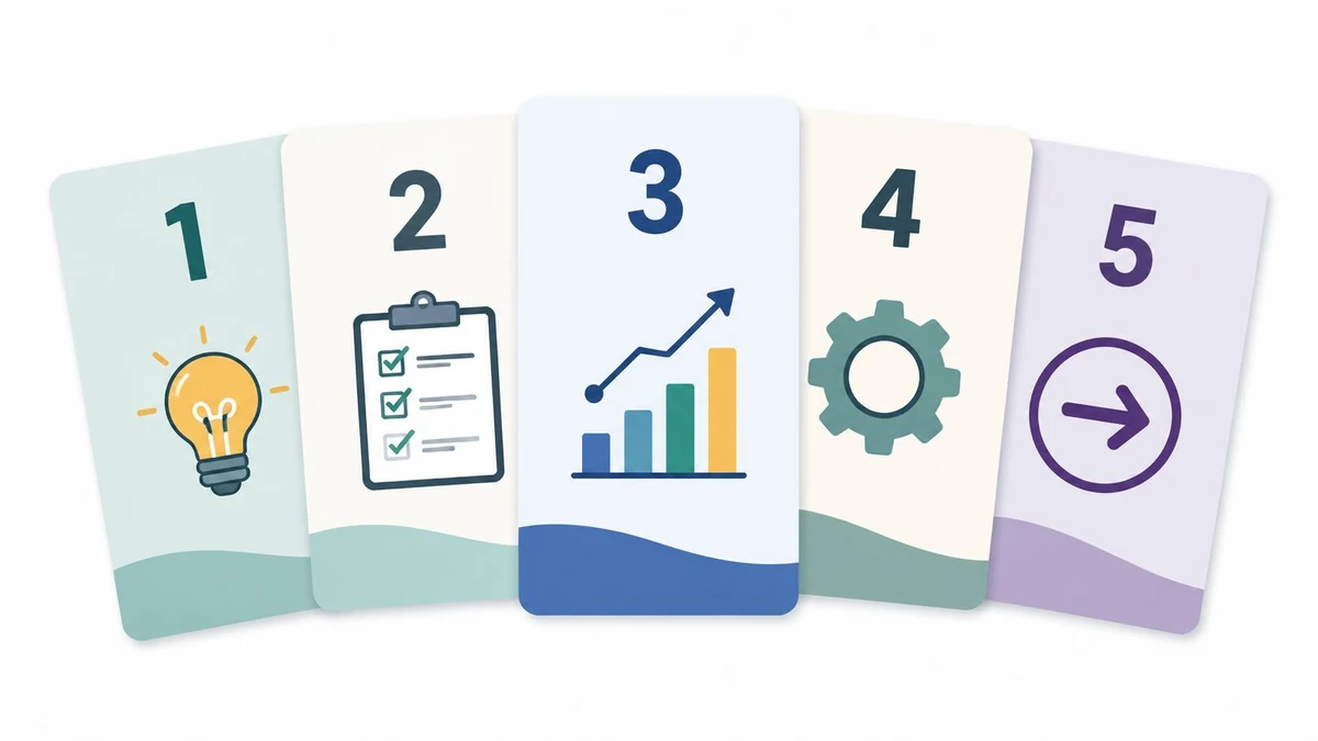 A five-step infographic showing a lightbulb, checklist, bar chart, gear, and arrow, representing a structured business process