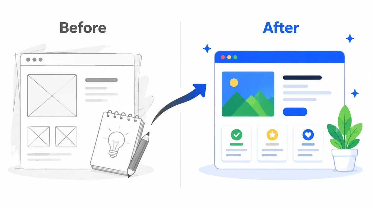 A conceptual comparison showing a hand-drawn website wireframe transforming into a polished, colorful finished website design