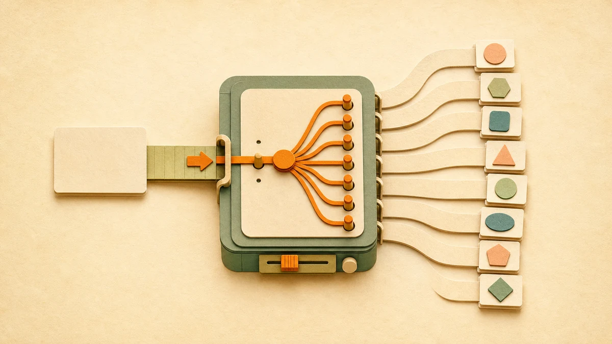 A warm editorial publishing switchboard routing one content card into eight orderly paths