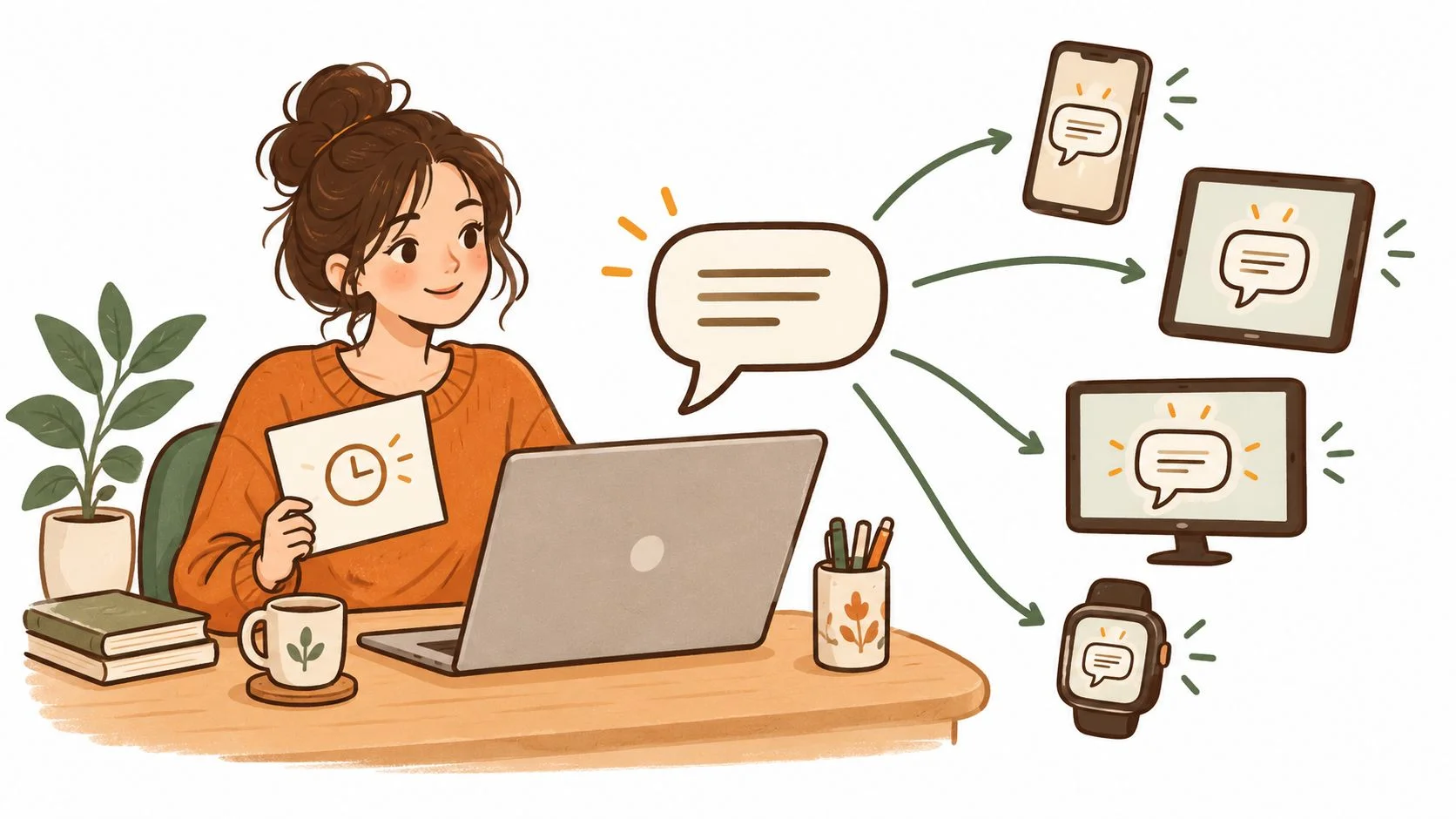 A girl sitting at a desk coordinating messages across multiple devices like phones, tablets, and computers.