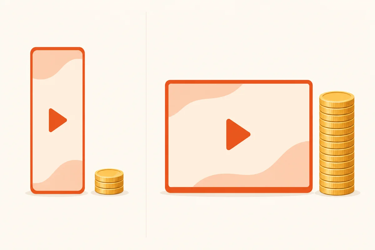Comparison of a short vertical video earning cents versus a long-form video earning dollars per 1,000 views